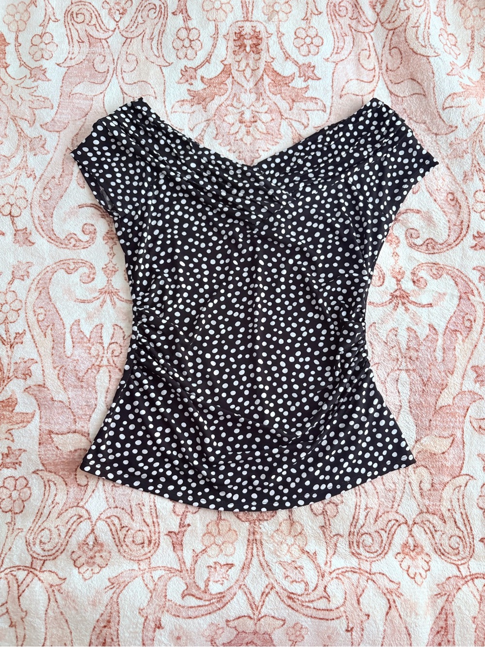 White House Black Market Black and White Polka Dot Off-Shoulder Top